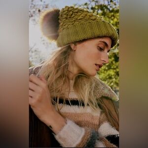 Free People Olive Nubby Knit Pom-Pom Hat